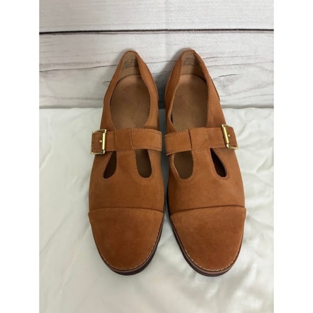 Vionic Carmen Suede T-Strap Flats Brown Orthotic Cap Toe Buckle Shoes Mens 9.5W